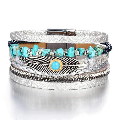 Stone Multiple Layers Leaf Leather Native American Bracelets & Bangles - Powwow Store