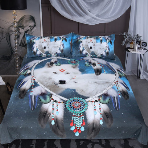 White Wolf Couple Dreamcatcher Native American Bedding Set no link - Powwow Store