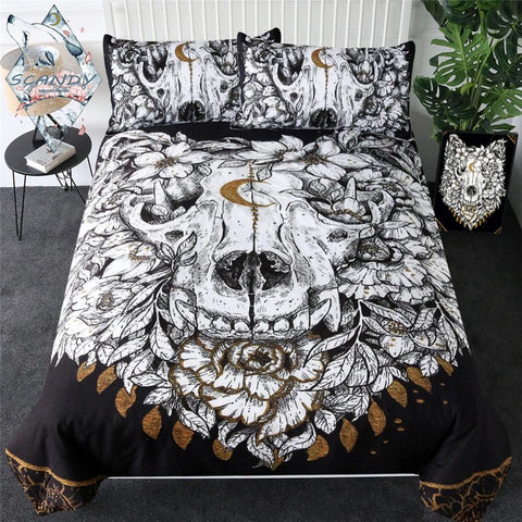 Wolf Skull With Floral Native American Bedding Set - Powwow Store