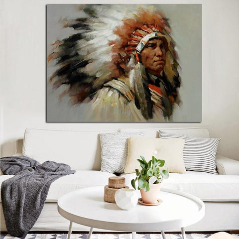 YWDECOR Abstract Native indian Feathered Portrait Canvas Painting Poster and Print Pop Art Wall Picture for Living Room F5993 - Powwow Store