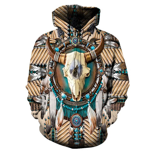 Bison Skull Native American All Over Hoodie no link - Powwow Store