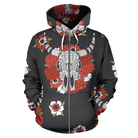 Bison Head Red Rose 3D Zipper Hoodie Native American - ProudThunderbird