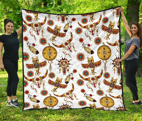 Bison Owl Feather Native American Totems Premium Quilt - ProudThunderbird