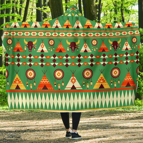 Powwow Store gb nat00426 green bison pattern hooded blanket