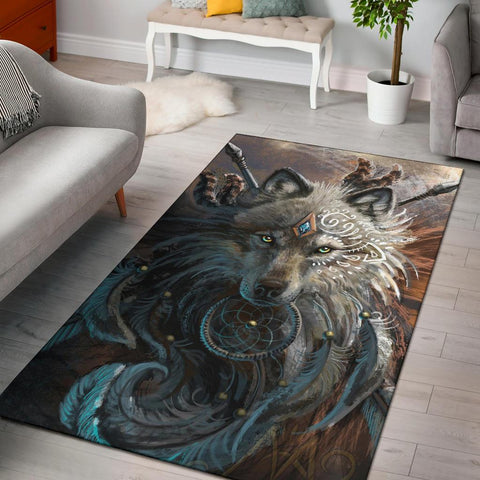 GB-NAT00084 Wolf Warrior Native American Area Rug - Powwow Store