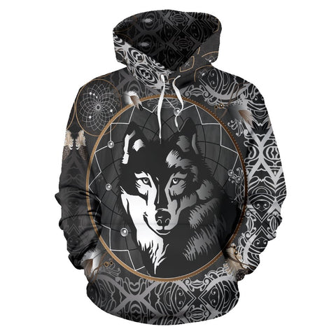 Black Wolf Dreamcatcher Native American All Over Hoodie no link - Powwow Store
