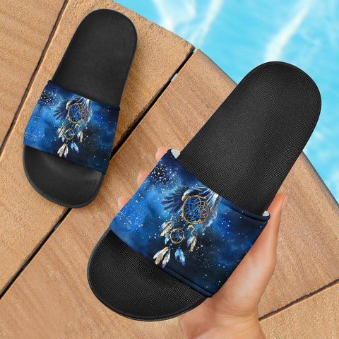 Blue Galaxy Dreamcatcher Native American Slide Sandals - ProudThunderbird