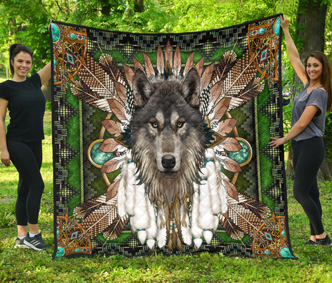 Powwow StoreQLT0004  Green Wolf Mandala Premium Quilt