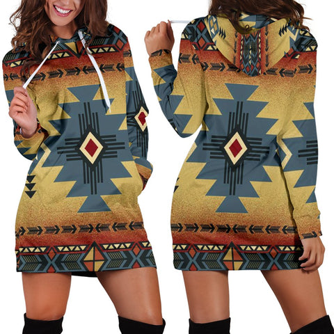 Blue Diamond Triangles Native American Hoodie Dress - Powwow Store
