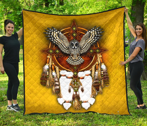 Owl Yellow Native American Premium Quilt - Powwow Store