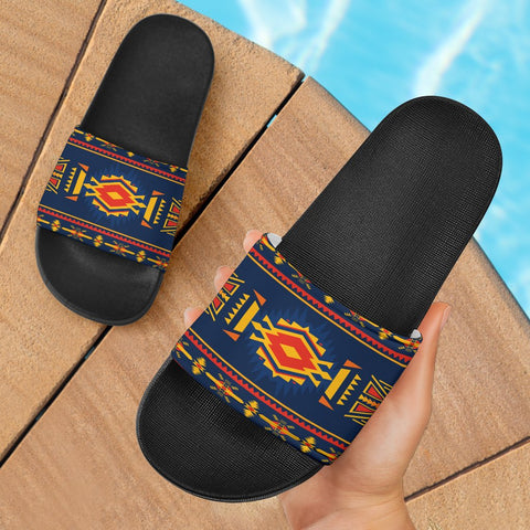 Blue Ethnic Pattern Native American Slide Sandals - ProudThunderbird
