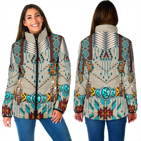 Powwow StoreGBNAT00069 Turquoise Blue Pattern Breastplate Women's Padded Jacket