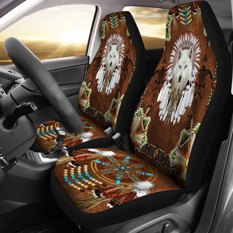 Powwow Store white wolf with headress car seat cover