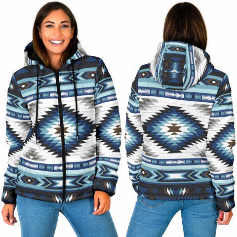 Powwow StoreGBNAT00528 Blue Colors Pattern Women's Padded Hooded Jacket