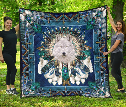 Powwow StoreGBNAT00648  Pattern Blue Mandala Wolf Premium Quilt