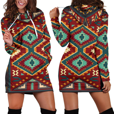 Tribe Ethnic Red Pattern Native American Hoodie Dress - Powwow Store