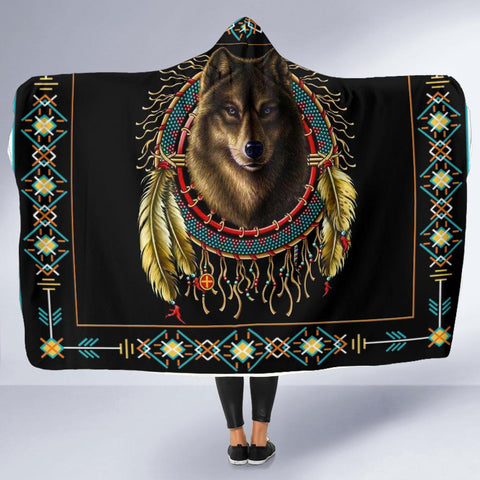 GB-NAT00020-03 Wolf Dreamcatcher Native American Hooded Blanket - Powwow Store