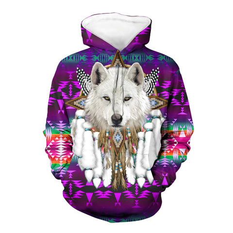 Powwow StoreHD00083 Pattern Purple Wolf Native American 3D Hoodie