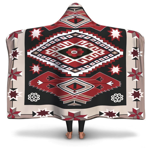 Ethnic Red Gray Pattern Native American Hooded Blanket - Powwow Store