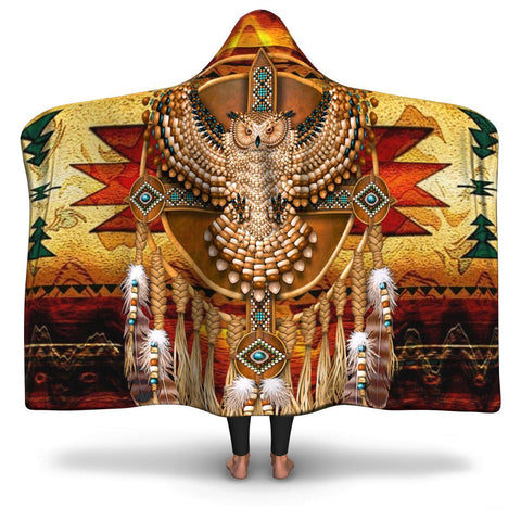 GB-NAT00068B Owl Southwest Brown Symbol Native American Hooded Blanket - Powwow Store