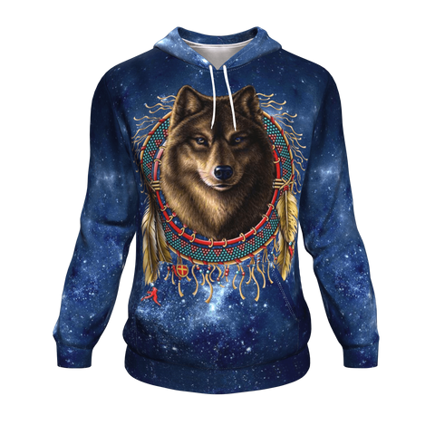 Native American Wolf Dreamcatcher Galaxy 3D Pullover Hoodie no link - Powwow Store