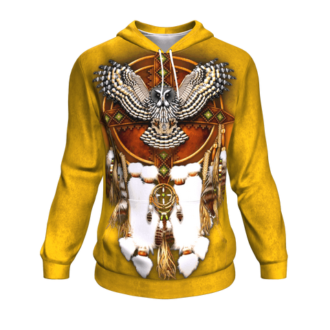 Yellow Owl Dreamcatcher Native American Design 3D Pullover Hoodie - Powwow Store