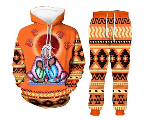 Powwow StoreHD00088 Pattern Orange Hoodie Long Pants 3D Set