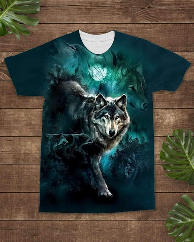 3D Moon Wolves Green Background All-Over T-Shirt - ProudThunderbird