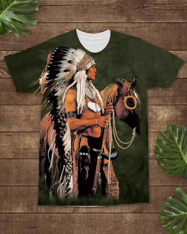 3D Native American Warrior Horse Green Background All-Over T-Shirt - ProudThunderbird
