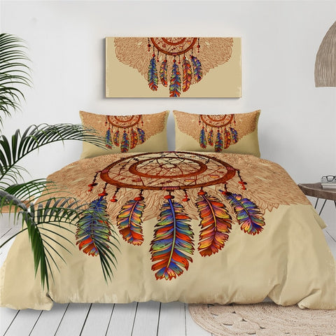Powwow Store beddingoutlet dreamcatcher bedding set feathers gemstones duvet cover astrology magic bed set beautiful brown bedclothes 3pcs bedding sets