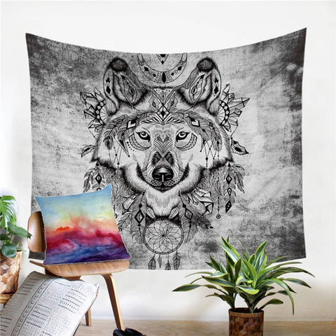 Powwow Store beddingoutlet tribal wolf tapestry wall hanging dreamcatcher decorative wall art bedspreads black and white bed sheets tapestry
