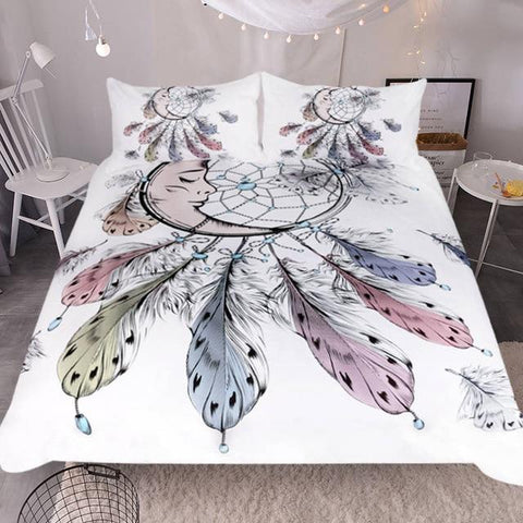 Feathers White Dreamcatcher Native American Bedding Set - Powwow Store