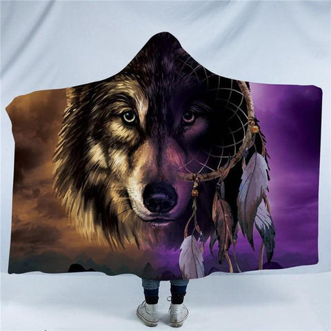 Purple Wolf Dreamcatcher Native American Hooded Blanket - Powwow Store