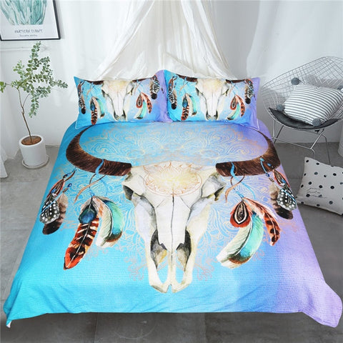 Powwow Store beddingoutlet head skull bedding set tribal feathers duvet cover bohemian floral bedclothes aztec bedspreads 3 piece duvet cover indian bedding setfeather bedding sets