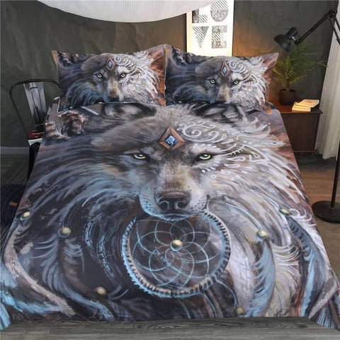 Wolf Warrior Dreamcatcher Native American Bedding Set - Powwow Store
