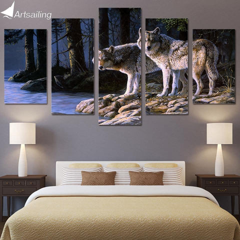 5 Piece Wolves River Native American Canvas - ProudThunderbird