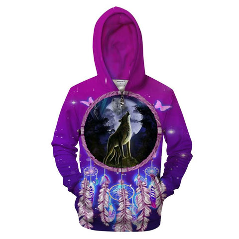 Violet Dreamcatcher Wolf Native American All Over Zipper Hoodie - Powwow Store