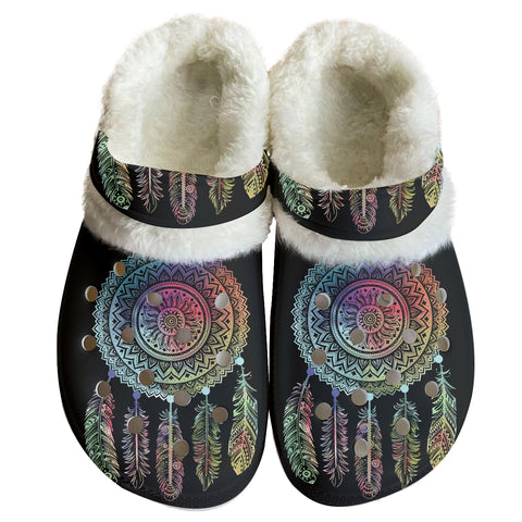 GB-NAT00151 Dreamcatcher Colorful Native American Classic Clogs with Fleece Shoes