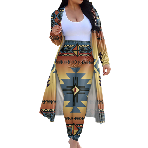 GB-NAT00057 Tribe Design Native American Cardigan Coat Long Pant Set