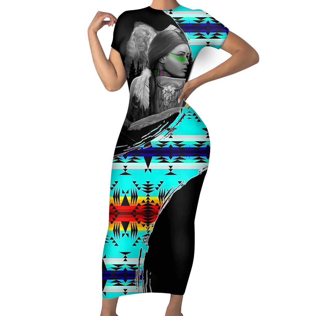 Powwow StoreSBD0078 Pattern Native ShortSleeved Body Dress