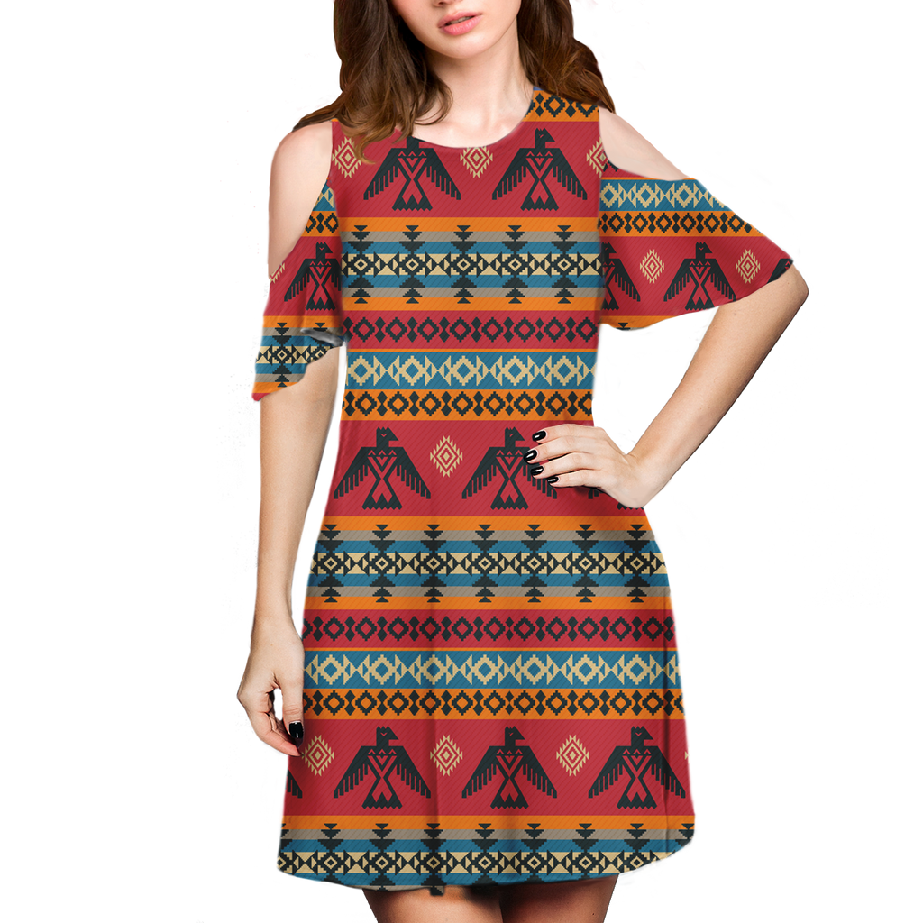 Powwow StoreGBNAT00029 Pattern Native Cold Shoulder Dress With A Round Neckline