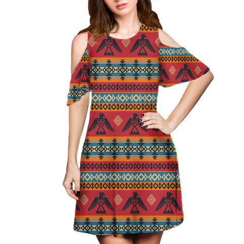 Powwow StoreGBNAT00029 Pattern Native Cold Shoulder Dress With A Round Neckline