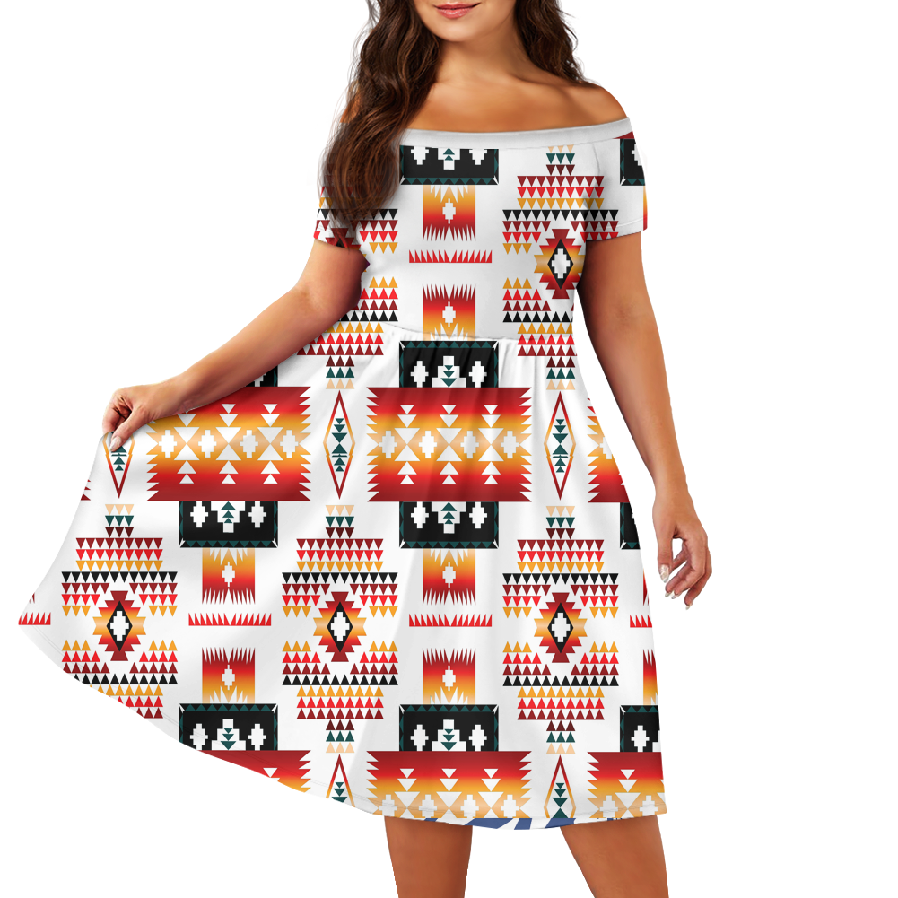 Powwow StoreGBNAT00075  Pattern Native Off Shoulder Short Sleeved Dress