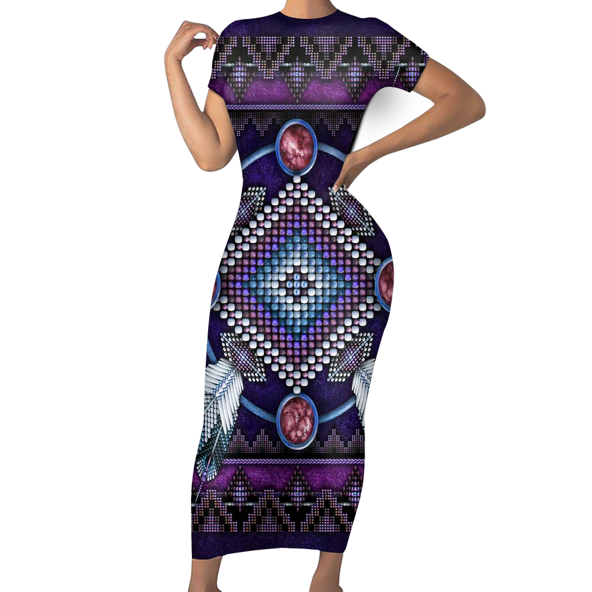 Powwow StoreGBNAT00023 Native Tribes Pattern Native American ShortSleeved Body Dress