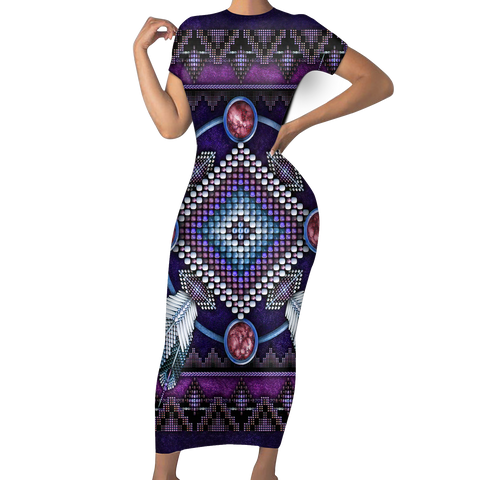 Powwow StoreGBNAT00023 Native Tribes Pattern Native American ShortSleeved Body Dress