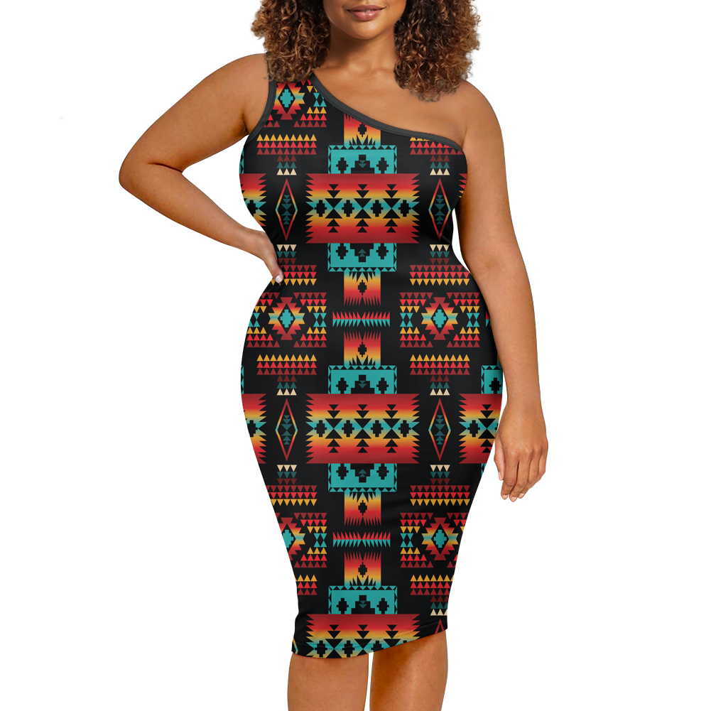 Powwow StoreGBNAT0004602 Pattern Native Women's OneShoulder Slim Dress