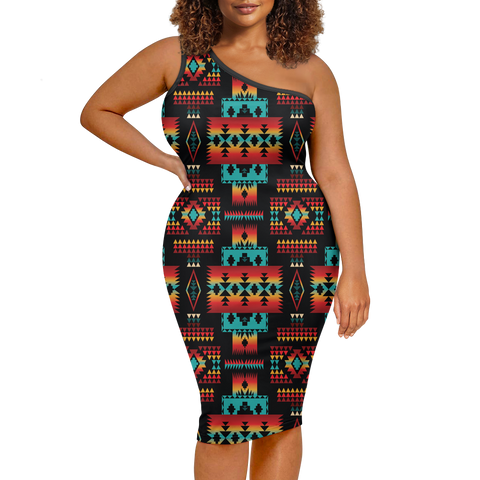 Powwow StoreGBNAT0004602 Pattern Native Women's OneShoulder Slim Dress