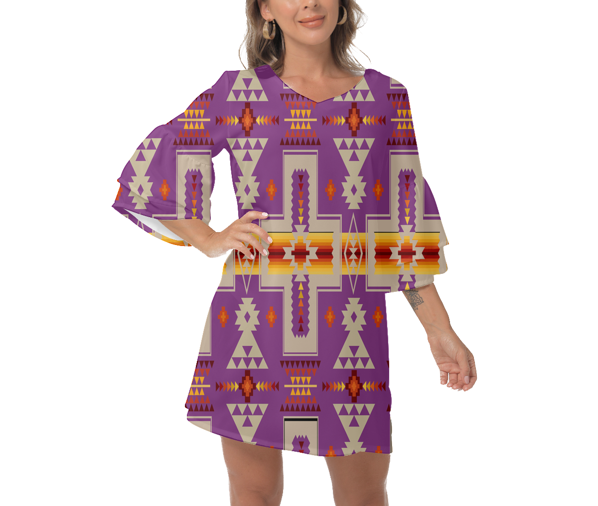 Powwow StoreGBNAT0006207 Native  Design Print Women's VNeck Dresss