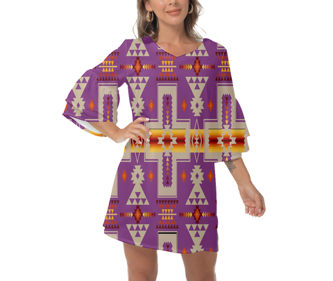 GB-NAT00062-07 Native  Design Print Women's V-Neck Dresss