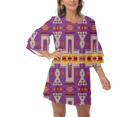 Powwow StoreGBNAT0006207 Native  Design Print Women's VNeck Dresss